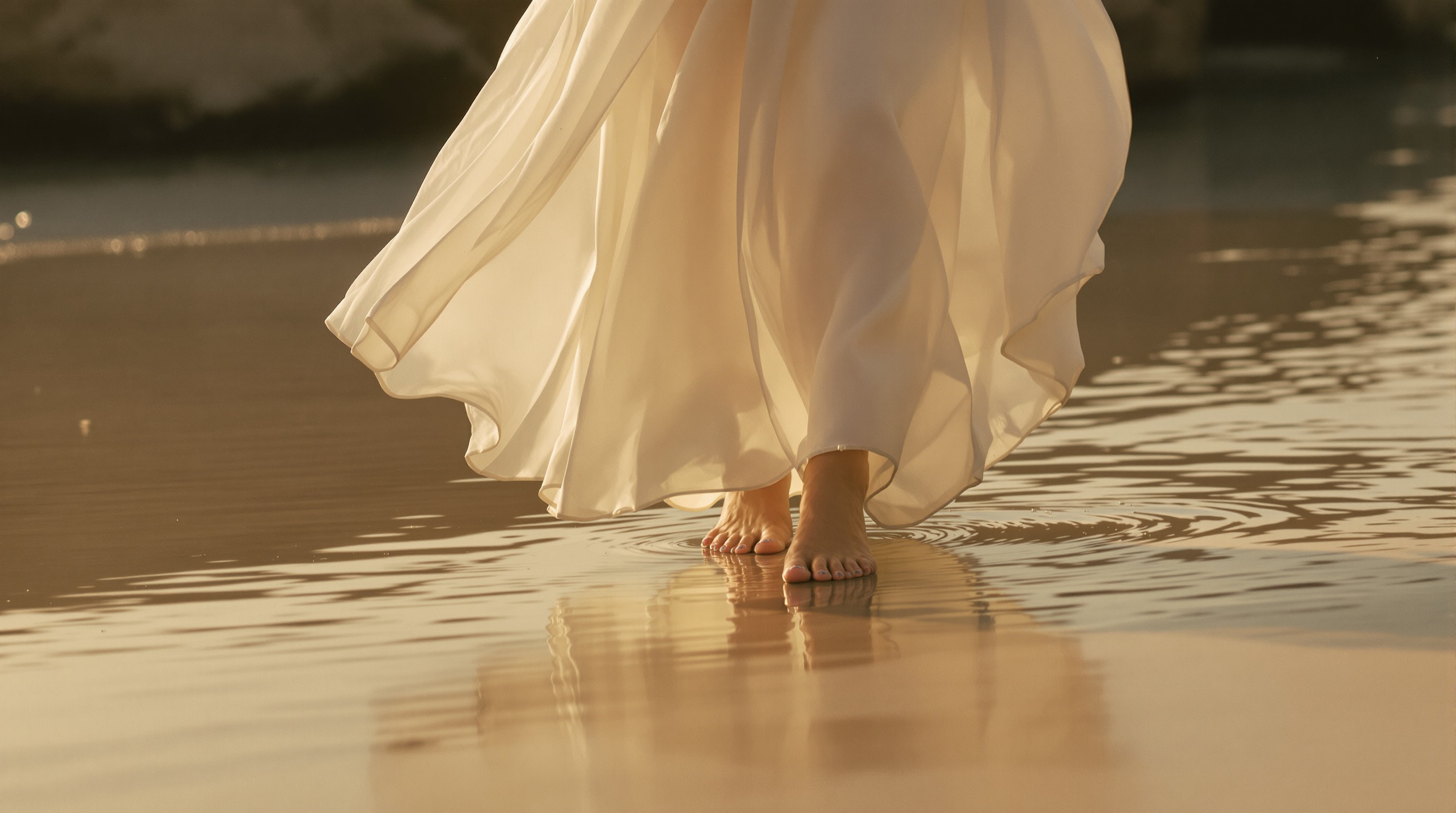 Lightweight flowing wedding dress hem and bare feet on soft sand near the water