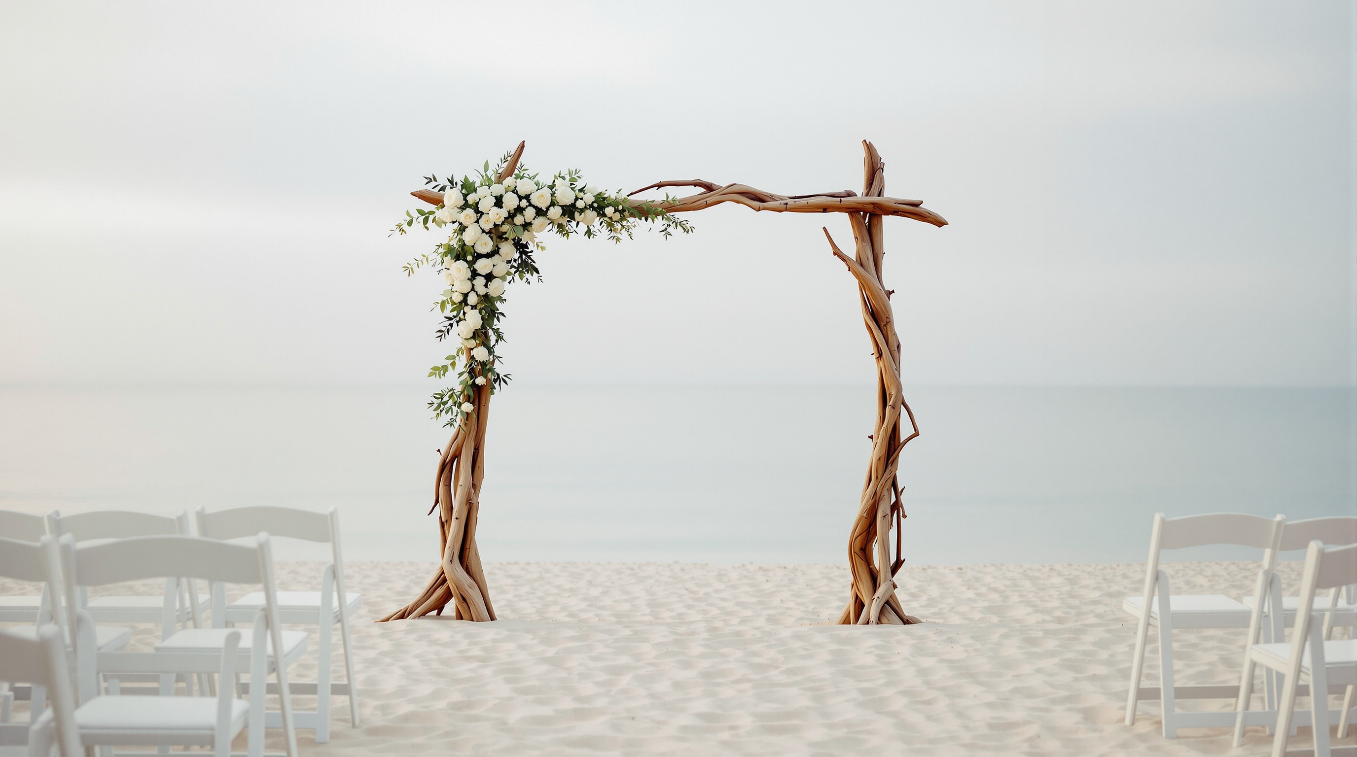 Simple driftwood wedding arch with white flowers on the sand, two rows of chairs facing the sea
