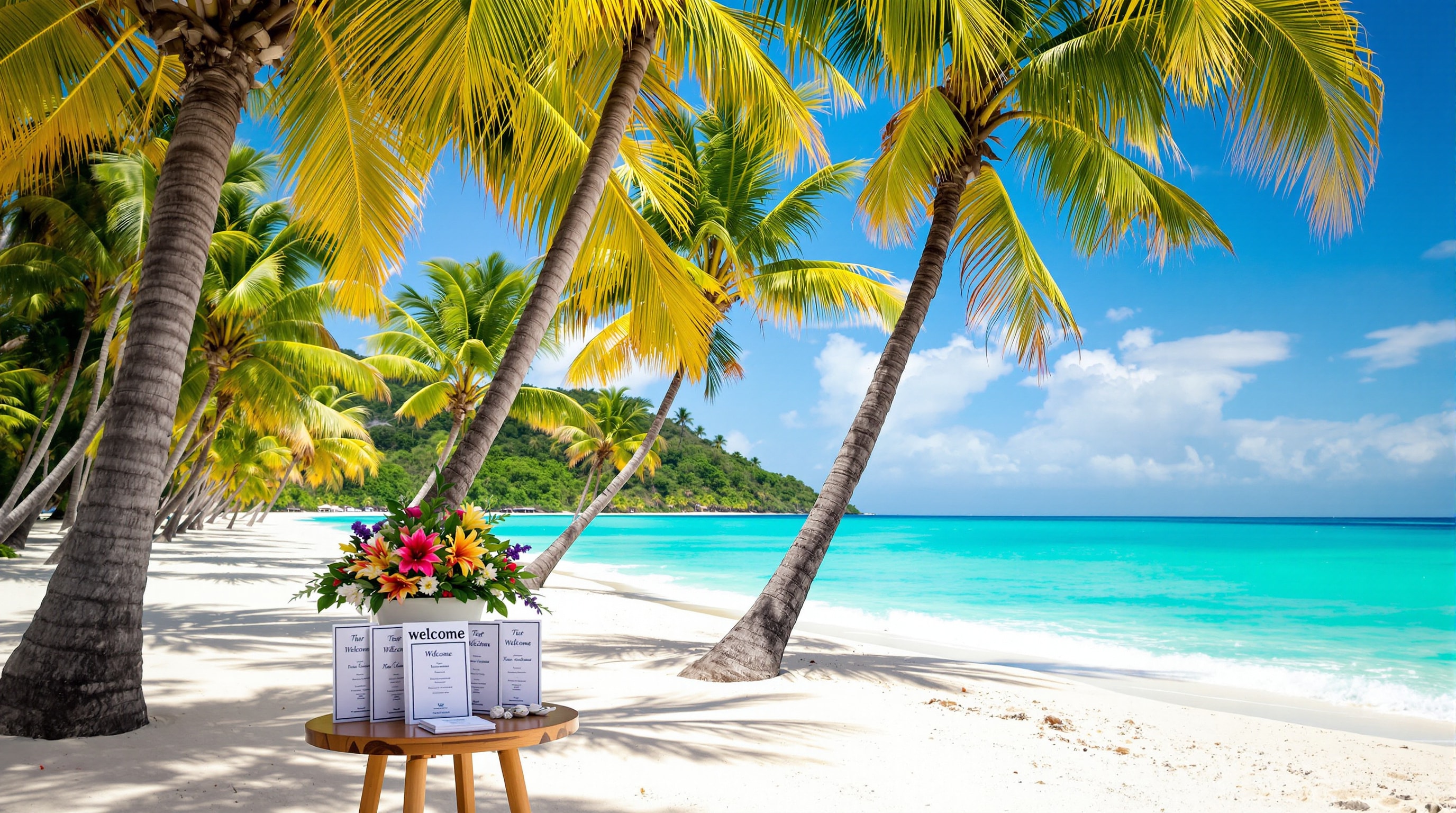 Palm-lined tropical shoreline with turquoise water and a small welcome table set with tropical flowers