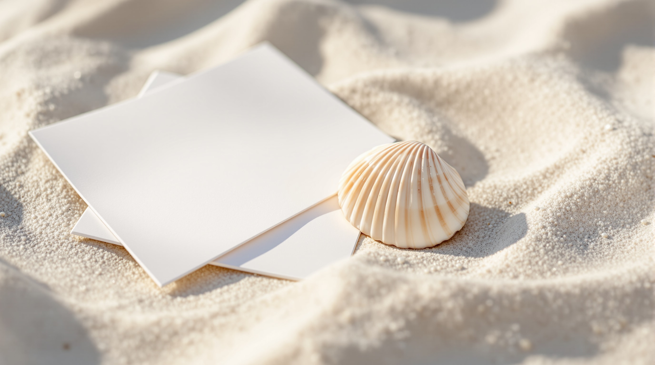 A single seashell and a folded ceremony program resting on soft pale sand