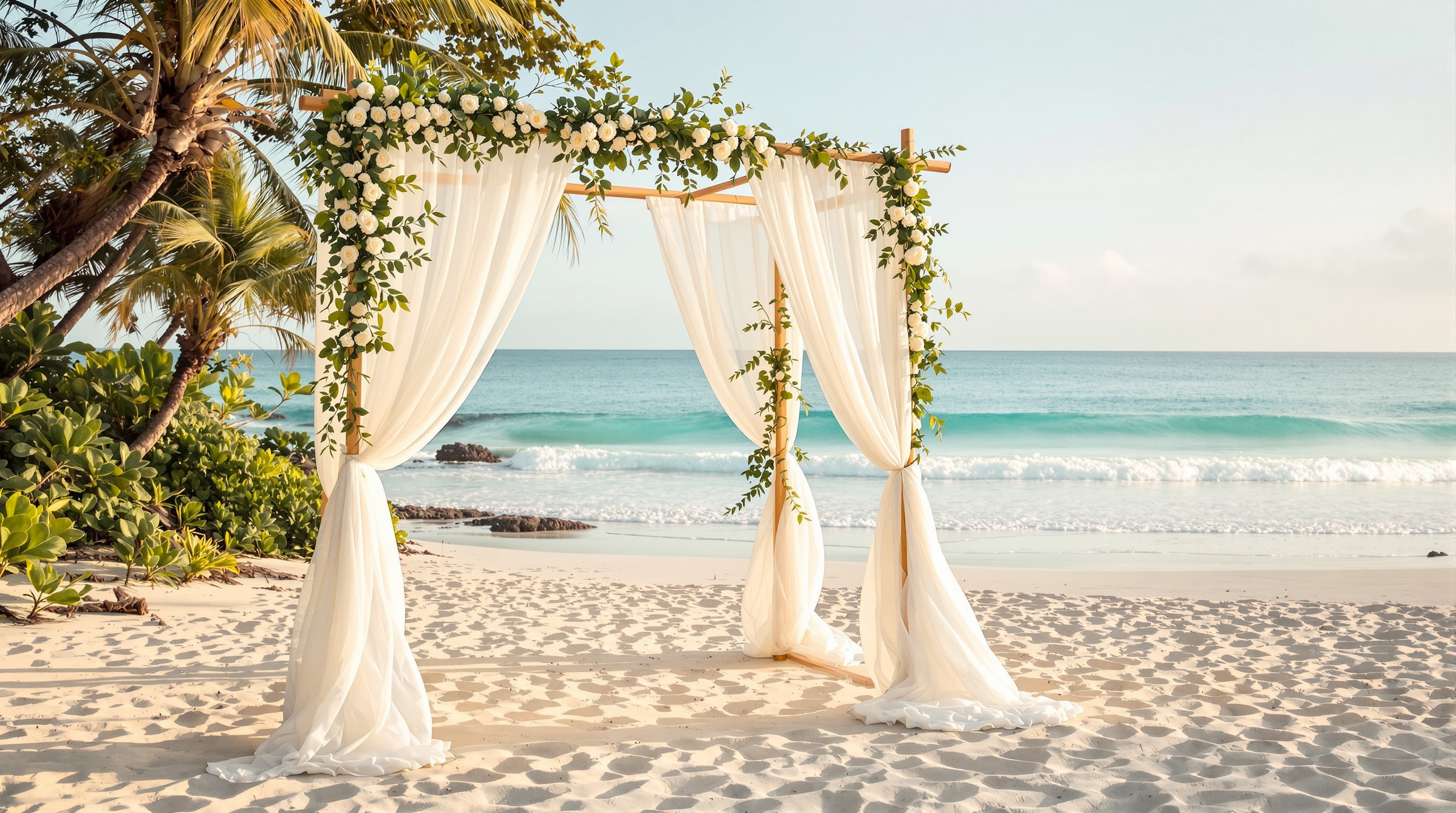 Airy oceanfront wedding arch draped in soft fabric and greenery on pale sand at golden hour