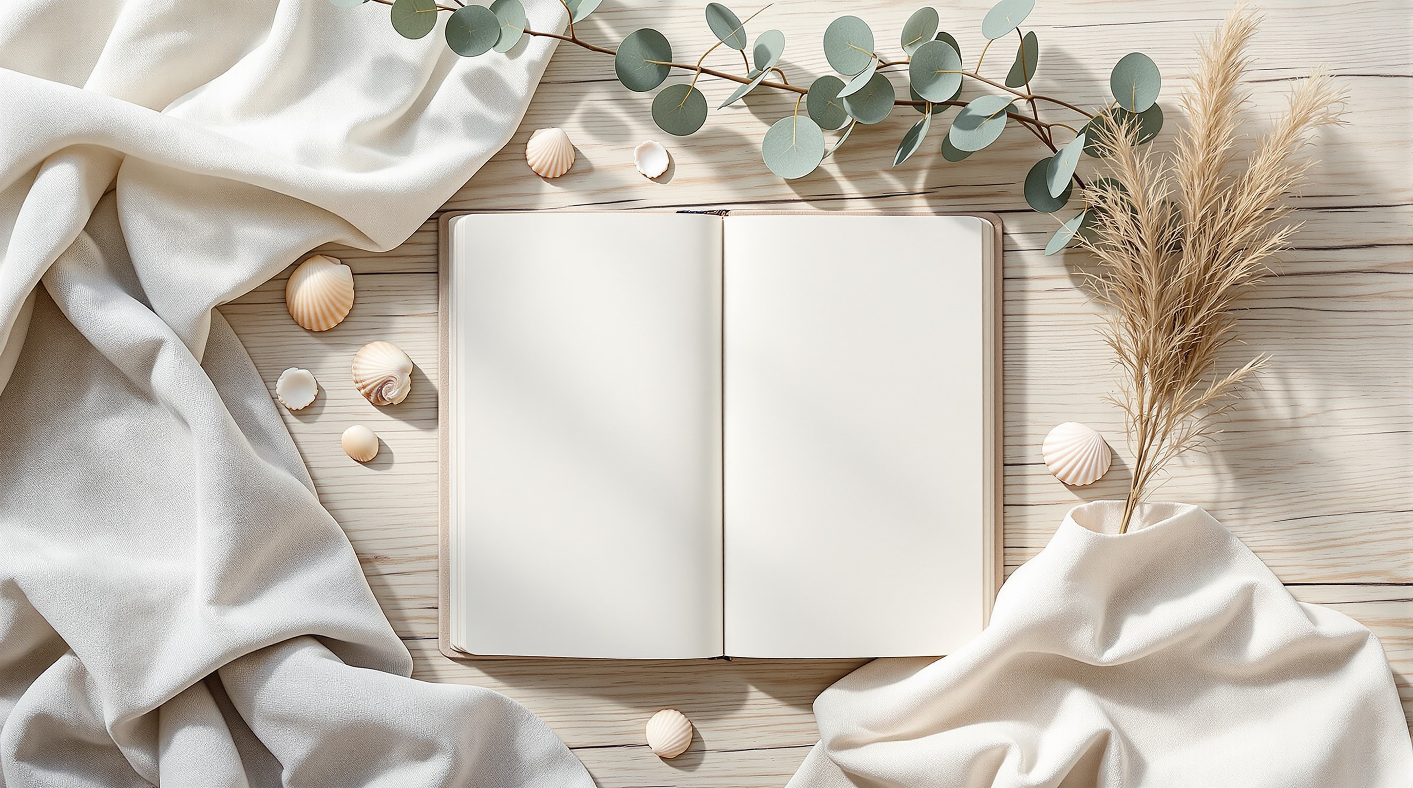 Flat-lay of beach wedding planning items: notebook, seashells, fabric swatches and a sprig of greenery on light wood