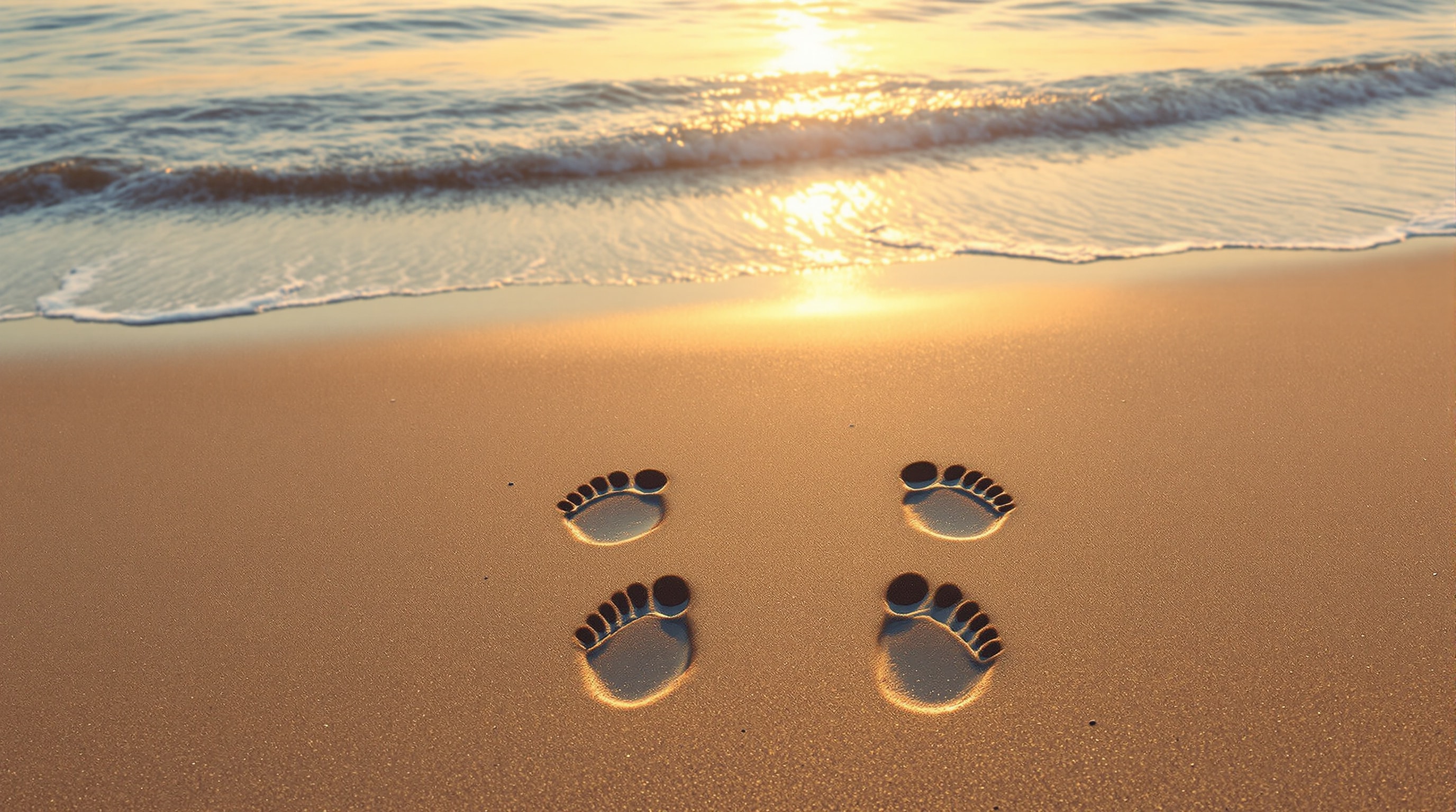 Two pairs of footprints in the sand leading toward the sea at soft light
