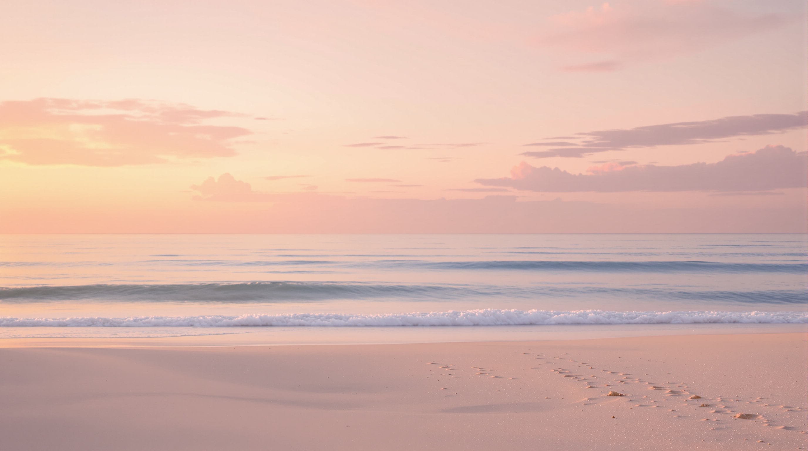 Warm sunset over a calm sea with soft pastel sky and gentle waves reaching the sand
