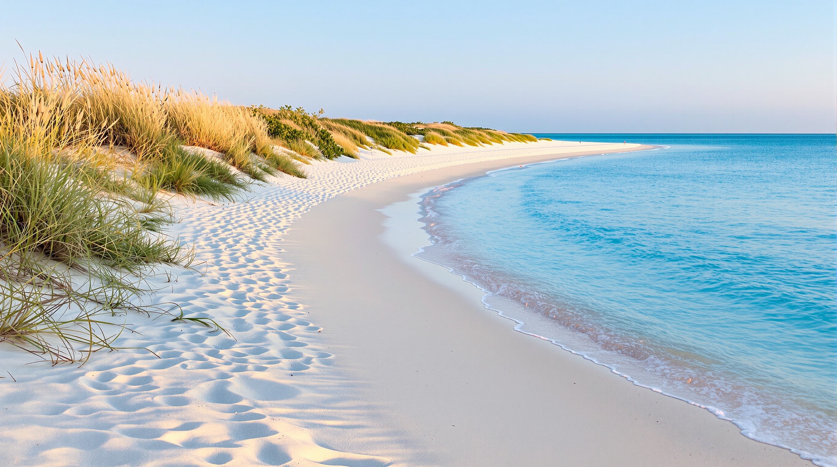 A quiet crescent of pale sand meeting calm turquoise water with low dunes and sea oats